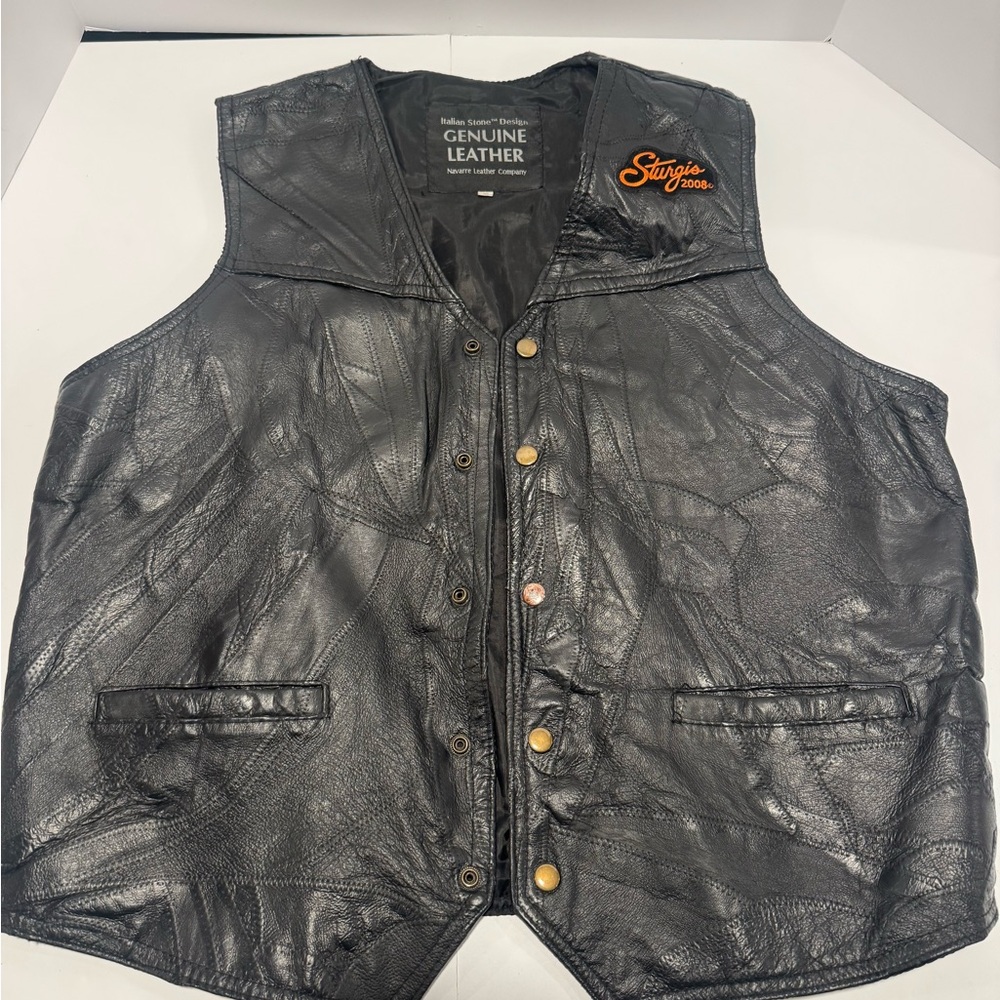 Genuine Leather Motorcycle Vest Mens XL Black Sturgis 2008 Patch Biker